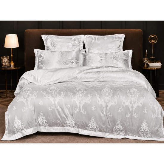Set Lenjerie de Pat Dublu 6 Piese Satin Jacquard – Model Baroc Argintiu, Elegant și Luxos, LDJ-054 Lenjerii Jacquard cu Finet