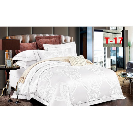 Set Lenjerie de Pat Dublu 6 Piese Satin Jacquard Alb Elegant – Premium Luxury, LDJ-055 Lenjerii Jacquard cu Finet