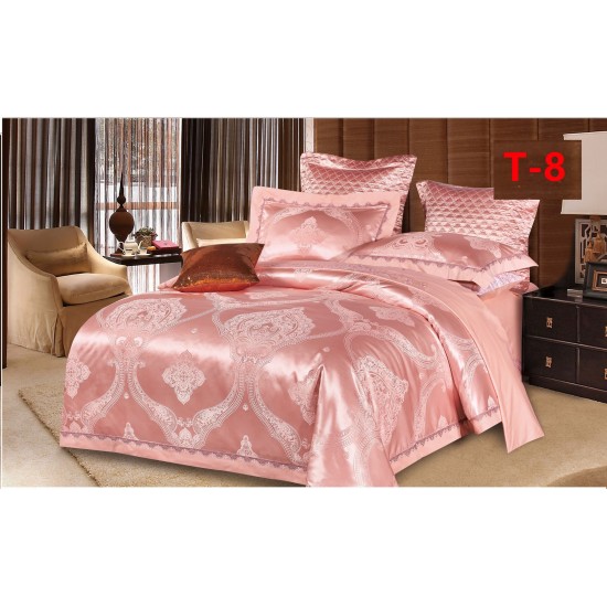 Set Lenjerie de Pat Dublu 6 Piese Satin Jacquard Roz Pudrat – Premium Luxury, LDJ-057 Lenjerii Jacquard cu Finet