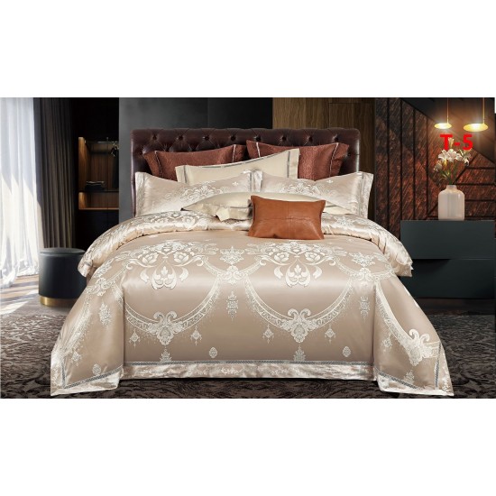 Set Lenjerie de Pat Dublu 6 Piese Satin Jacquard Bej – Premium Luxury, LDJ-061 Lenjerii Jacquard cu Finet