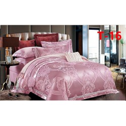 Set Lenjerie de Pat Dublu 6 Piese Satin Jacquard Roz Pudrat – Premium Luxury, LDJ-063