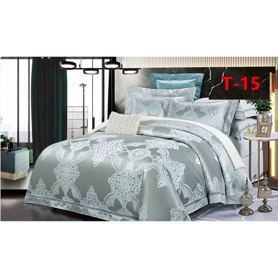 Set Lenjerie de Pat Dublu 6 Piese Satin Jacquard Turcoaz Deschis – Premium Luxury, LDJ-064 Lenjerii Jacquard cu Finet