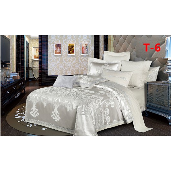 Set Lenjerie de Pat Dublu 6 Piese Satin Jacquard Crem – Premium Luxury, LDJ-065 Lenjerii Jacquard cu Finet