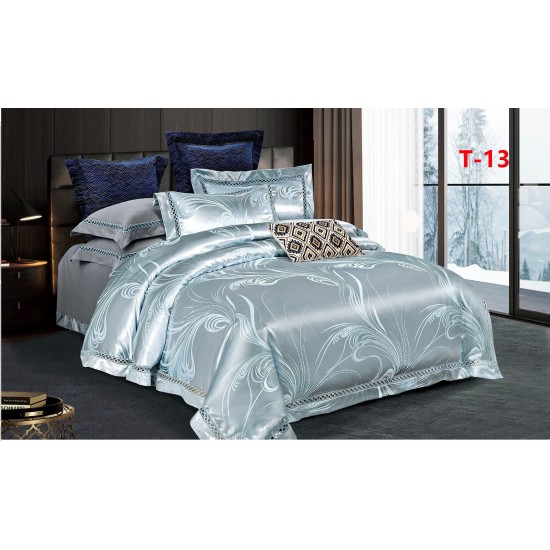 Set Lenjerie de Pat Dublu 6 Piese Satin Jacquard Gri Perlat – Premium Luxury, LDJ-067 Lenjerii Jacquard cu Finet
