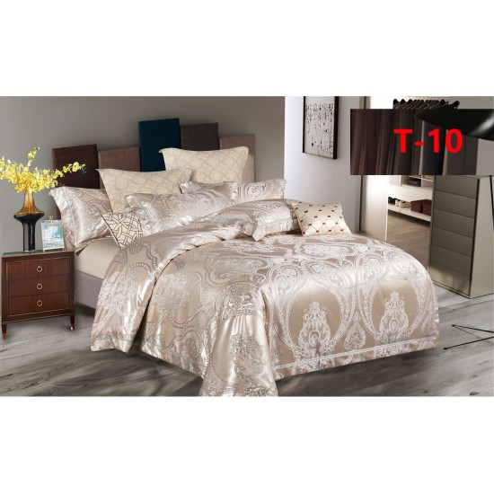 Set Lenjerie de Pat Dublu 6 Piese Satin Jacquard Cappuccino – Premium Luxury, LDJ-068 Lenjerii Jacquard cu Finet