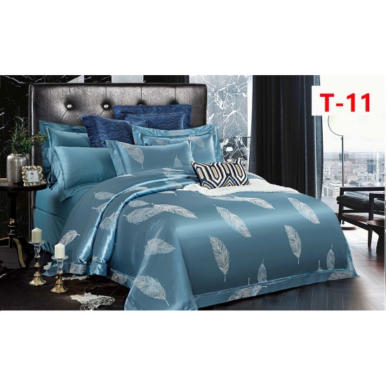 Set Lenjerie de Pat Dublu 6 Piese Satin Jacquard Albastru Petrol – Premium Luxury, LDJ-069 Lenjerii Jacquard cu Finet