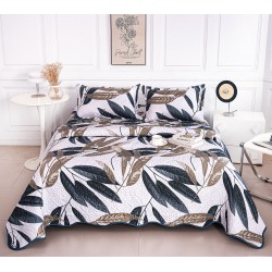 Cuvertură Pat Dublu din Bumbac Satinat 3 Piese cu Frunze Decorative în Nuanțe de Albastru și Bej, CBS-067