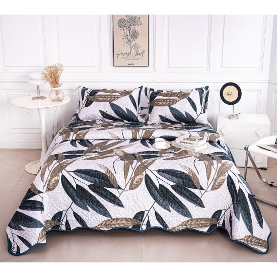 Cuvertură Pat Dublu din Bumbac Satinat 3 Piese cu Frunze Decorative în Nuanțe de Albastru și Bej, CBS-067 Cuverturi 3 piese Bumbac Satinat
