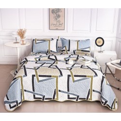 Cuvertură Pat Dublu din Bumbac Satinat 3 Piese cu Model Geometric Modern Gri-Albastru, CBS-066