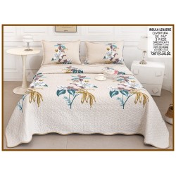 Cuvertură Pat Dublu din Bumbac Satinat 3 Piese Crem cu Flori Elegante, CBS-064