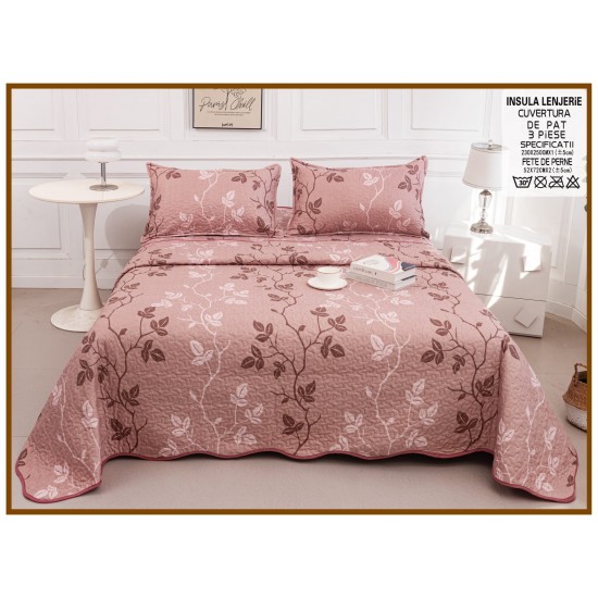 Cuvertură Pat Dublu din Bumbac Satinat 3 Piese Roz Vintage cu Model Floral, CBS-063 Cuverturi 3 piese Bumbac Satinat