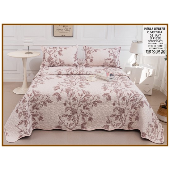 Cuvertură Pat Dublu din Bumbac Satinat 3 Piese Roz Pudrat cu Model Floral, CBS-062 Cuverturi 3 piese Bumbac Satinat
