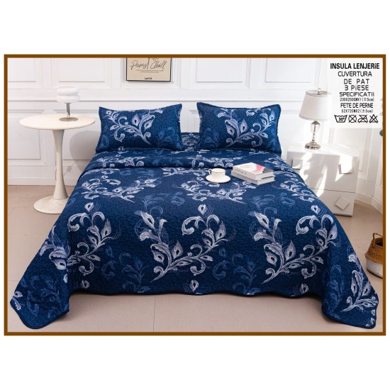 Cuvertură Pat Dublu din Bumbac Satinat 3 Piese Bleumarin cu Imprimeu Floral Elegant , CBS-060 Cuverturi 3 piese Bumbac Satinat