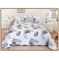 Cuvertură Pat Dublu din Bumbac Satinat Albă cu Frunze Tropicale, 3 Piese, CBS-056
