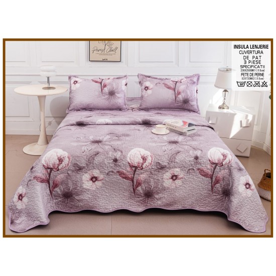 Cuvertură Pat Dublu din Bumbac Satinat Mov Floral, 3 Piese, CBS-028 Cuverturi 3 piese Bumbac Satinat
