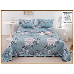 Cuvertură Pat Dublu din Bumbac Satinat Turcoaz cu 2 Fețe de Pernă – Model Floral Elegant, CBS-023