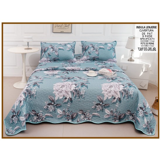Cuvertură Pat Dublu din Bumbac Satinat Turcoaz cu 2 Fețe de Pernă – Model Floral Elegant, CBS-023 Cuverturi 3 piese Bumbac Satinat