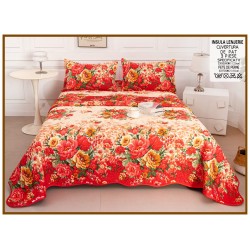 Cuvertură Pat Dublu din Bumbac Satinat Florală Roșie cu 2 Fețe de Pernă – Model Bujori Eleganți, CBS-022