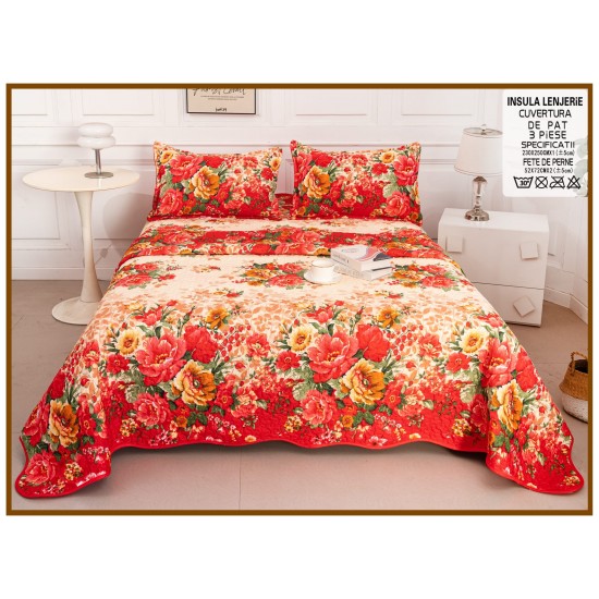 Cuvertură Pat Dublu din Bumbac Satinat Florală Roșie cu 2 Fețe de Pernă – Model Bujori Eleganți, CBS-022 Cuverturi 3 piese Bumbac Satinat
