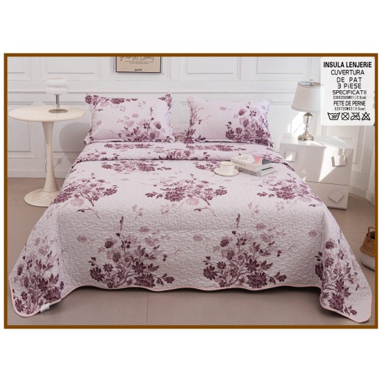 Cuvertură Pat Dublu din Bumbac Satinat Roz Pudrat cu 2 Fețe de Pernă – Model Floral , CBS-021 Cuverturi 3 piese Bumbac Satinat
