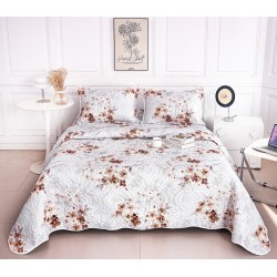 Cuvertură de Pat Dublu 3 Piese din Bumbac Satinat – Model Floral Bej Elegant, CBS-013