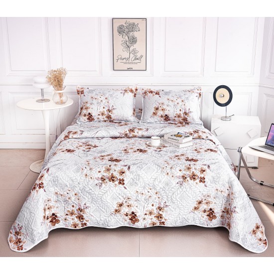 Cuvertură de Pat Dublu 3 Piese din Bumbac Satinat – Model Floral Bej Elegant, CBS-013 Cuverturi 3 piese Bumbac Satinat