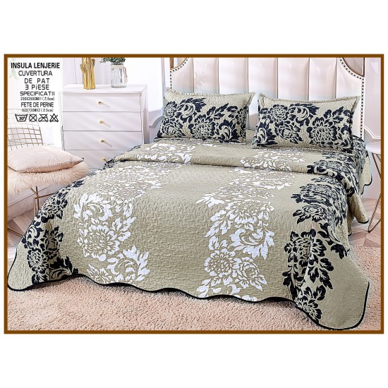 Cuvertură de Pat Dublu 3 Piese din Bumbac Satinat – Model Floral Elegant, CBS-010 Cuverturi 3 piese Bumbac Satinat