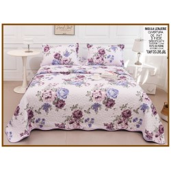 Cuvertură de Pat Dublu 3 Piese din Bumbac Satinat – Model Floral Mov, CBS-007