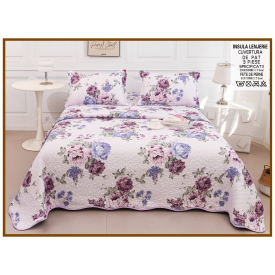 Cuvertură de Pat Dublu 3 Piese din Bumbac Satinat – Model Floral Mov, CBS-007 Cuverturi 3 piese Bumbac Satinat
