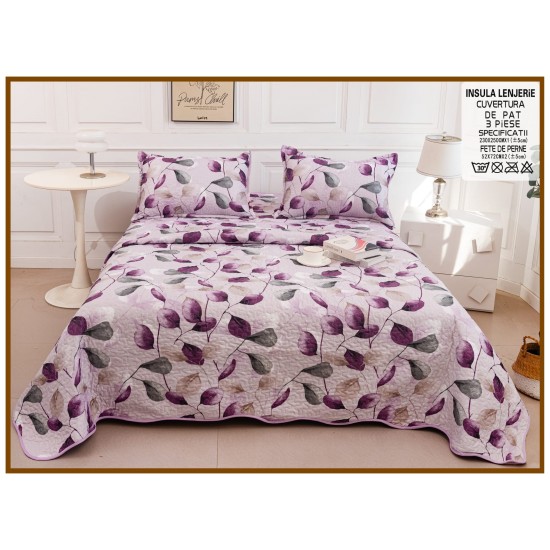 Cuvertură de Pat Dublu 3 Piese din Bumbac Satinat – Model Frunze Mov, CBS-006 Cuverturi 3 piese Bumbac Satinat