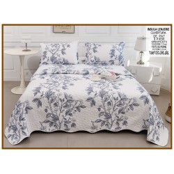 Cuvertură de Pat Dublu 3 Piese din Bumbac Satinat – Model Floral Albastru, CBS-003