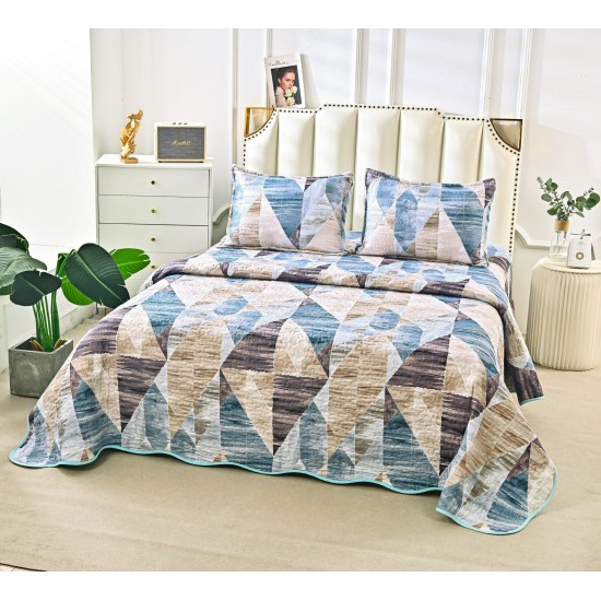 Cuvertură Pat Dublu din Bumbac Satinat cu 2 Fețe de Pernă – Model Geometric Albastru, CBS-032 Cuverturi 3 piese Bumbac Satinat