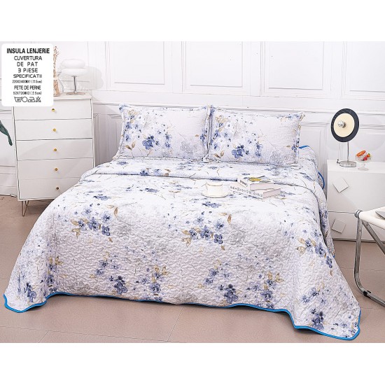 Cuvertură Pat Dublu din Bumbac Satinat cu 2 Fețe de Pernă – Model Flori Albastre Delicate, CBS-039 Cuverturi 3 piese Bumbac Satinat