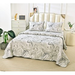 Cuvertură Pat Dublu din Bumbac Satinat cu 2 Fețe de Pernă – Model Marble Grey, CBS-077