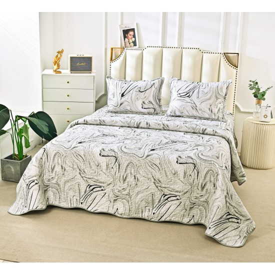 Cuvertură Pat Dublu din Bumbac Satinat cu 2 Fețe de Pernă – Model Marble Grey, CBS-077 Cuverturi 3 piese Bumbac Satinat