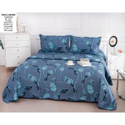 Cuvertură Pat Dublu din Bumbac Satinat cu 2 Fețe de Pernă – Model Frunze Tropicale Bleumarin, CBS-078