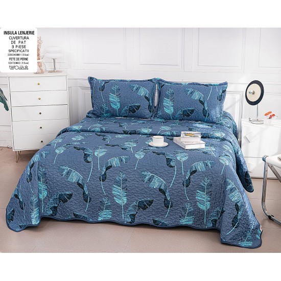 Cuvertură Pat Dublu din Bumbac Satinat cu 2 Fețe de Pernă – Model Frunze Tropicale Bleumarin, CBS-078 Cuverturi 3 piese Bumbac Satinat