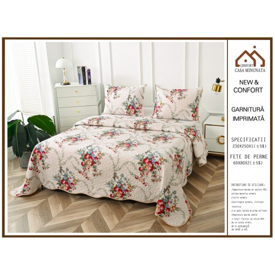 Cuvertură Pat Dublu din Bumbac Satinat cu 2 Fețe de Pernă – Model Floral Vintage, CBS-079 Cuverturi 3 piese Bumbac Satinat
