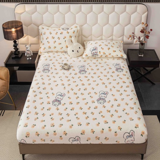 Cearșaf cu Elastic Cocolino 180x200x25 cm + 2 Fețe de Pernă 50x70 cm – Model Iepuraș și Flori, HC-063 Huse Cocolino