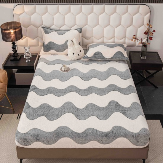 Cearșaf cu Elastic Cocolino 180x200x25 cm + 2 Fețe de Pernă 50x70 cm – Model Valuri Gri, HC-049 Huse Cocolino