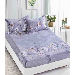 Cearsaf cu elastic COCOLINO, 180x200x25cm, plus 2 fete de perne, Lila-Alb, flori, HC-038