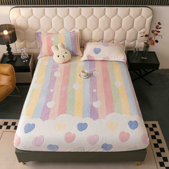 Cearșaf cu Elastic Cocolino 180x200 cm + 2 Fețe de Pernă – Model Curcubeu cu Inimioare, Pufos și Călduros, HCM-019 Huse Cocolino