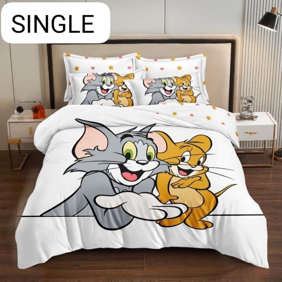 Lenjerie de Pat Tom și Jerry pentru 1 Persoană, 4 Piese, Bumbac Finet Premium – Model Vesel pentru Copii, LCC-084 Lenjerii Pentru Copii cu Desene Animate - Finet 6 piese