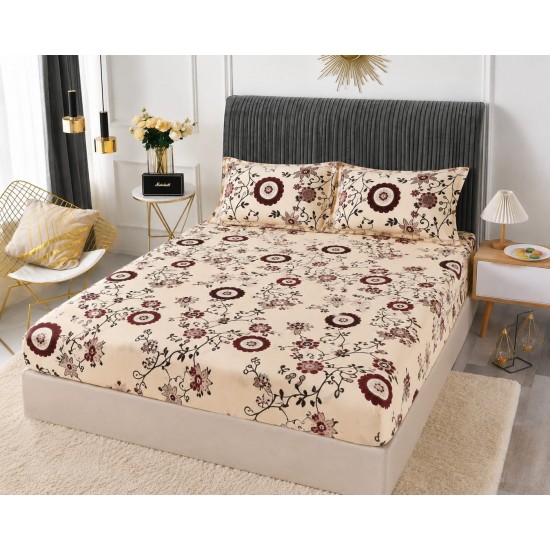 Cearșaf cu Elastic Cocolino 180x200x25 cm + 2 Fețe de Pernă 50x70 cm – Model Floral Bej cu Bordo, HC-065 Huse Cocolino