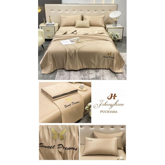 Set Lenjerie de Pat Dublu cu Pilotă de Vară, Satin Fin, 4 Piese, Crem Bej, LPV-001 Lenjerie + Pilota vara
