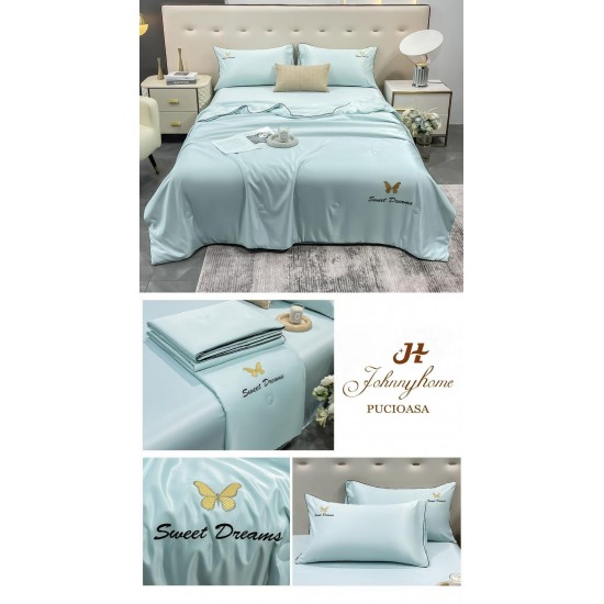 Set Lenjerie de Pat Dublu cu Pilotă de Vară, Satin Premium, 4 Piese, Bleu Deschis, LPV-004 Lenjerie + Pilota vara
