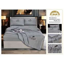 Set Lenjerie de Pat Dublu cu Pilotă de Vară și Cearșaf cu Elastic, Satin Premium, 4 Piese, Gri Deschis, LPV-006