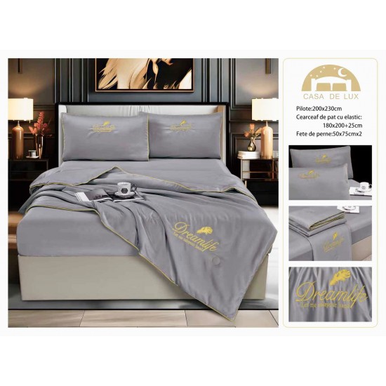Set Lenjerie de Pat Dublu cu Pilotă de Vară și Cearșaf cu Elastic, Satin Premium, 4 Piese, Gri Perlat, LPV-007 Lenjerie + Pilota vara
