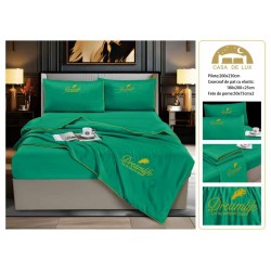 Set Lenjerie de Pat Dublu cu Pilotă de Vară și Cearșaf cu Elastic, Satin Premium, 4 Piese, Verde Smarald, LPV-008