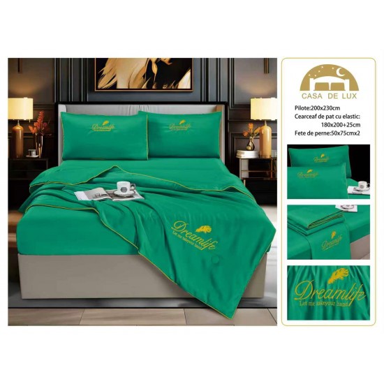 Set Lenjerie de Pat Dublu cu Pilotă de Vară și Cearșaf cu Elastic, Satin Premium, 4 Piese, Verde Smarald, LPV-008 Lenjerie + Pilota vara